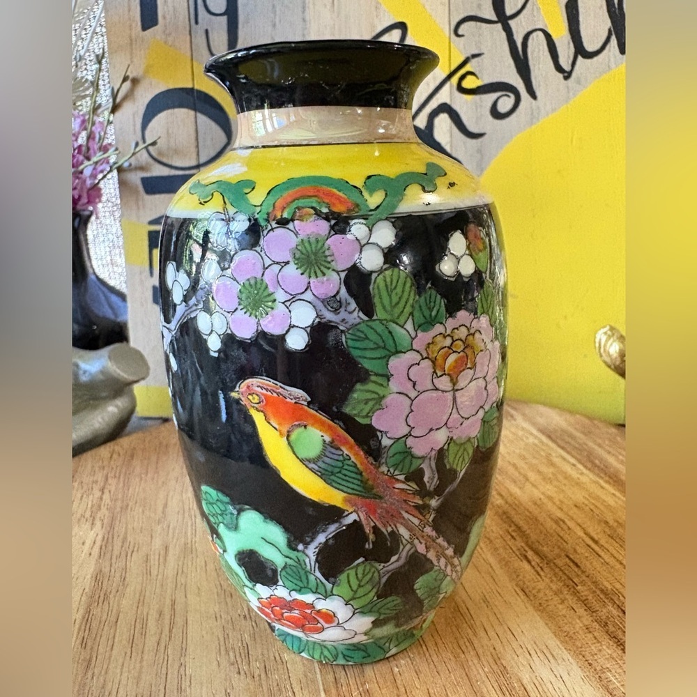 Antique Japanese Famille Noir Black Enamel Porcelain Vase Birds and flowers